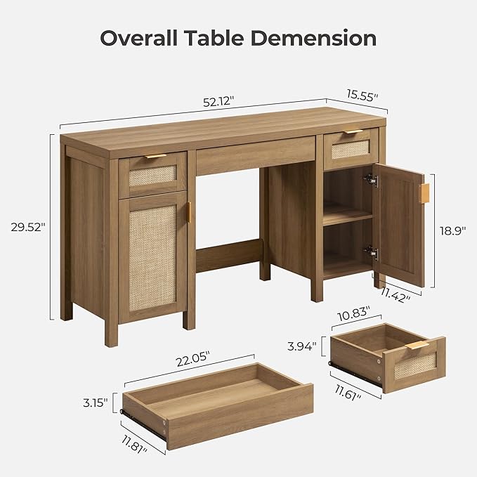 SICOTAS 2 Pieces Rattan Vanity Home Office Desk - Big Boho Makeup Vanities Benches with Drawers & Storage Cabinets, Dressing Vanity Table for Makeup Room, Bedroom, Home Office, Oak