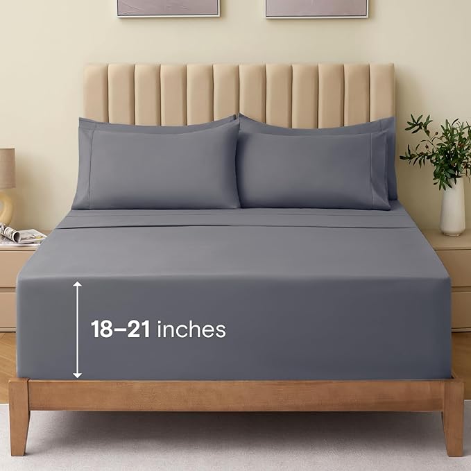 LuxClub 4 PC Extra Deep Pocket Split King Sheet Set, Wrinkle Free Cooling Bed Sheets Hotel Bedding for Women, Men, Includes 1 Fitted Sheet, 1 Flat Sheet and 2 Pillowcases- Light Grey