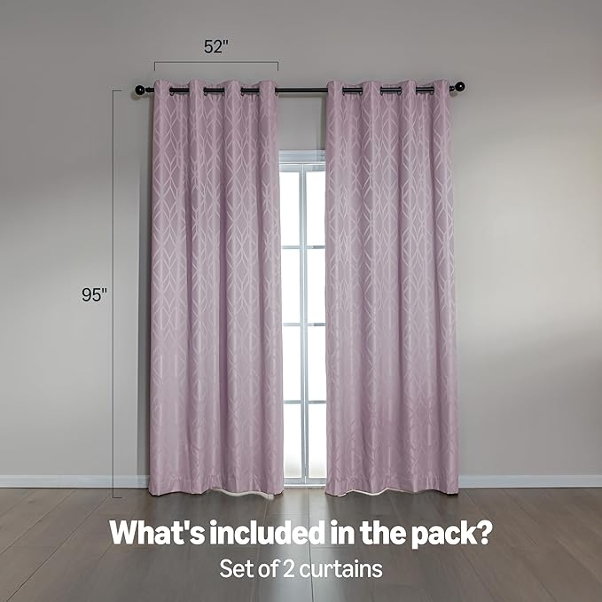 Amazon Basics Jacquard 2-Piece 100% Blackout Curtains, Living Room and Bedroom Drapes, Thermal Insulated Window Treatment, 52"x95", Pink