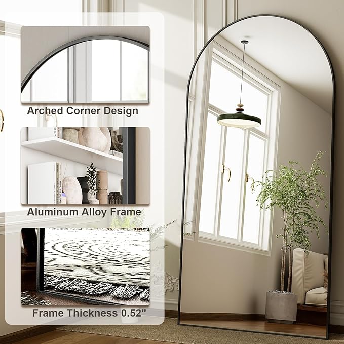 HARRITPURE 71"x30" Arched Full Length Mirror Free Standing Leaning Hanging Mounted Mirrors Aluminum Frame Modern Simple Home Decor for Living Room Bedroom Cloakroom, Black