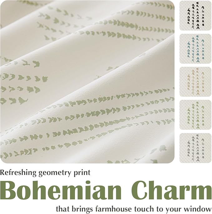 100% Boho Blackout Curtains 72 Inches Long for Bedroom, Green on Beige Patterned Bohemian Curtains for Living Room, Geometric Striped Thermal Insulated Window Drapes Gromment Top 2 Panels