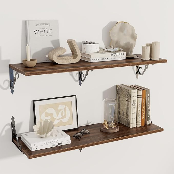 Dreamland Deep Floating Shelves, 40" W x 12" D Wall Shelves Set of 2, Wide Display Shelf Wall Mounted with Brackets, Bookshelf for Living Room, Bathroom, Bedroom, Walnut