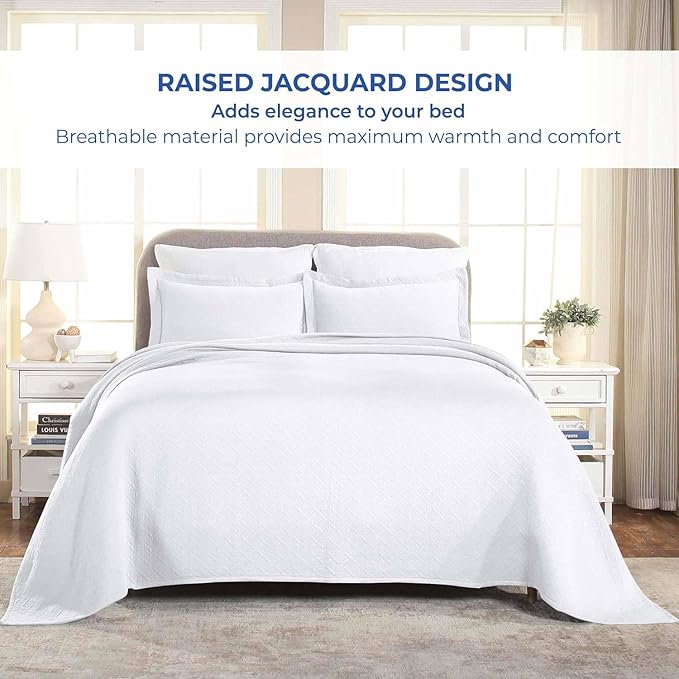 Superior 100% Cotton Basket Weave Bedspread with Shams, All-Season Premium Cotton Matelasse Jacquard Bedding, Quilted-Look Geometric Basket, Full, White