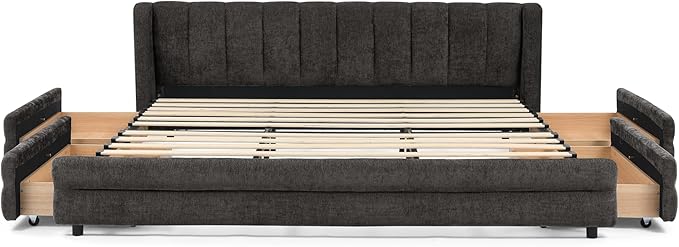 DEINPPA King Size Bed Frame with 4 Storage Drawers and Cloud Soft Headboard, Chenille Upholstered Grounded Wood Base Bed Frame, No Box Spring Needed-Dark Grey