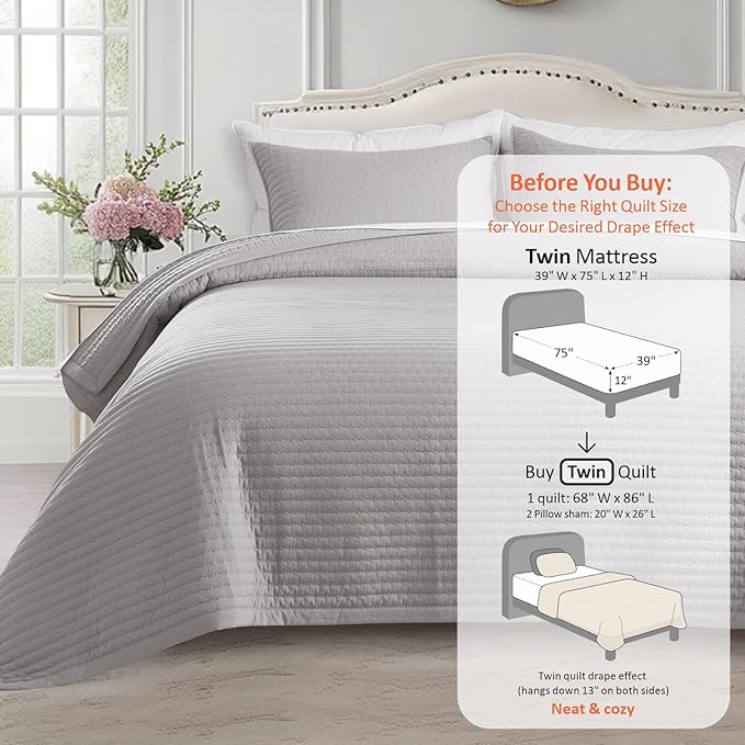KASENTEX Twin Quilt Set 68"x86" – Soft Washed 3-Layer Lightweight Bedspread, Minimalist Nordic Design, All-Season Spring & Summer Quilt Set (1 Quilt + 2 Pillow Shams), Gull
