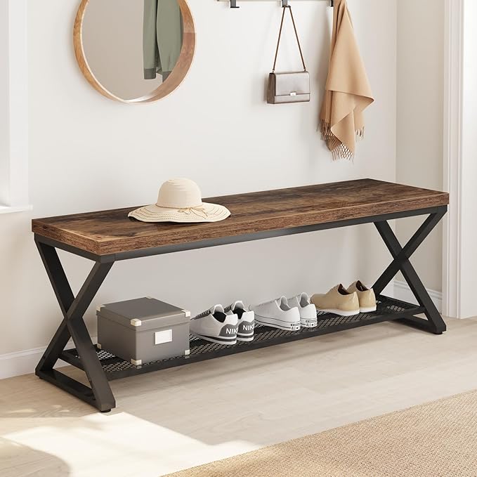 LVB Rustic Entryway Bench, 47” Shoe Bench with Storage for Entry Way, Industrial Shoe Rack Bench with Seating for Foyer Entrance, Farmhouse Wood Bench for Hallway Living Room Bedroom, Rustic Brown