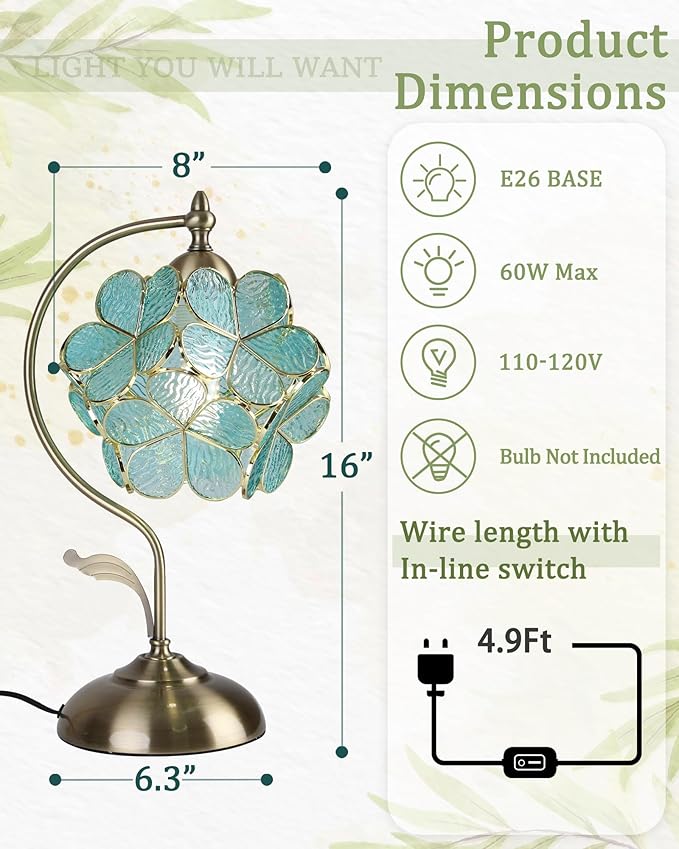 Tiffany Style Flower Table Lamp, Vintage Cherry Blossom Stained Glass Lamp with Brass Base for Bedroom Bedside Home Decor, Vintage Mint (Blue-Green)