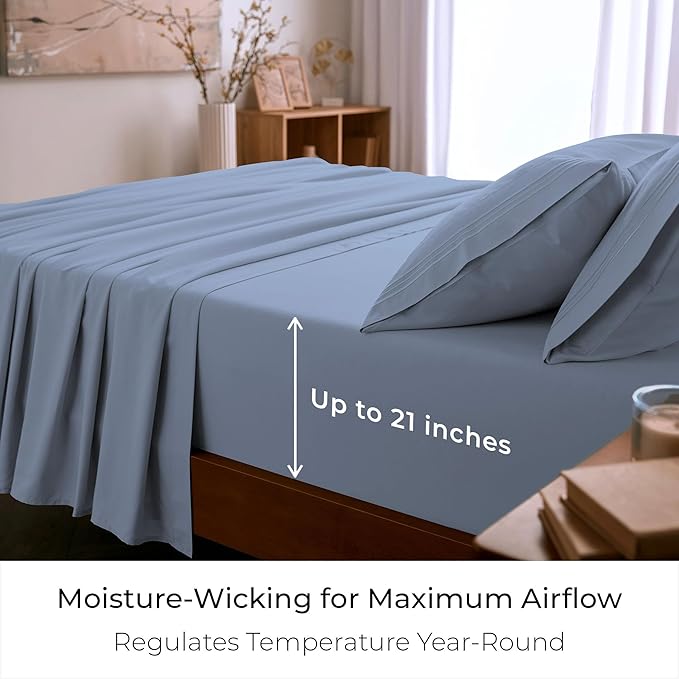 Mellanni King Sheet Set - 6-Piece Iconic Collection Bedding, (Including 4 Pillowcases), 21-Inch Extra Deep Pocket, Easy Care, Ultra Soft, Cooling Sheets, Brushed Microfiber - Sky Blue