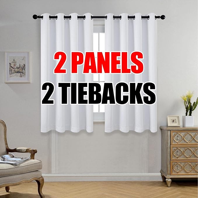 MIUCO 1 Pair Thermal Insulated Grommet 52-Inch-by-63-Inch Blackout Window Curtain Panels with 2 Tie Backs, Greyish White