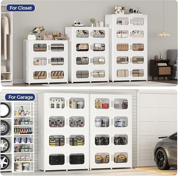 200GAL Extra Large Storage Bins with Lid, 800QT Storage Bins with Wheels, Folding Closet Organizer, Stackable Collapsible Plastic Storage Containers for Home, Office, Kitchen, 4Pack White