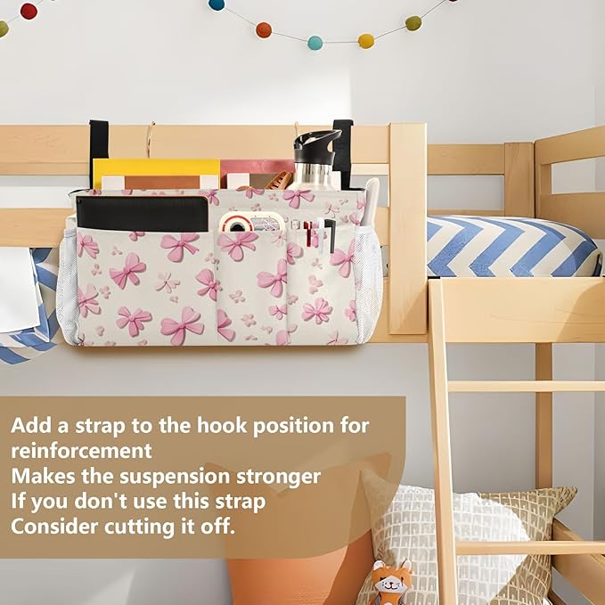 Bedside Caddy Hanging Bunk Bed Caddy Bed Organizer Hanging Pocket with 2 Hooks Bedside Storage Organizer Pocket Bag Holder Pink Cute Bow