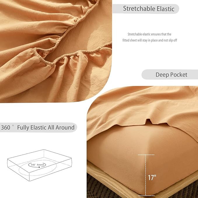 MooMee Fitted Bottom Sheet Only 100% Washed Cotton Linen Like Textured Breathable Durable Soft Comfy Deep Pocket Fits Mattress up to 17" (Burnt Orange, Queen)