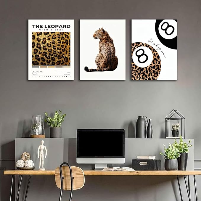 Trendy Leopard Framed Set of 3 Canvas Poster Prints,Picture Modern Artwork Wall Art for Home Décor,Perfect for Adds Wilderness & Elegance to Living Room,Bedroom or Any Interior Space,16Lx12W