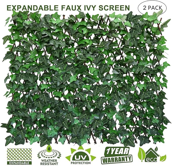 Sumery Expandable Fence Privacy Screen for Balcony Patio Outdoor,Decorative Faux Ivy Fencing Panel,Artificial Hedges (Single Sided Leaves) (2, Green-Ivy)