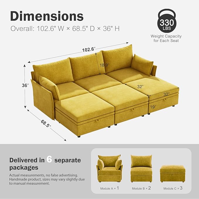 ABCASA 102.6" Luxury Modular Sleeper Sofa Bed 6 Seat Reversible Sectional Couch Deep Seat with Storage Chaises Removable Cover for Living Room, Apartment - Chenille Yellow