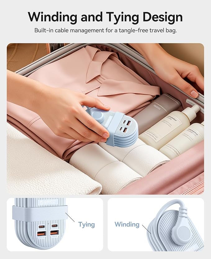 ORICO 65W USB Travel Power Strip, 7 in 1 Charging Station with 3AC, 2 USB-A, 2 USB-C, Flat Plug and 4ft Thin Extension Cord, Fast Charger for MacBook, iPad, iPhone 17/16/15 - TK65