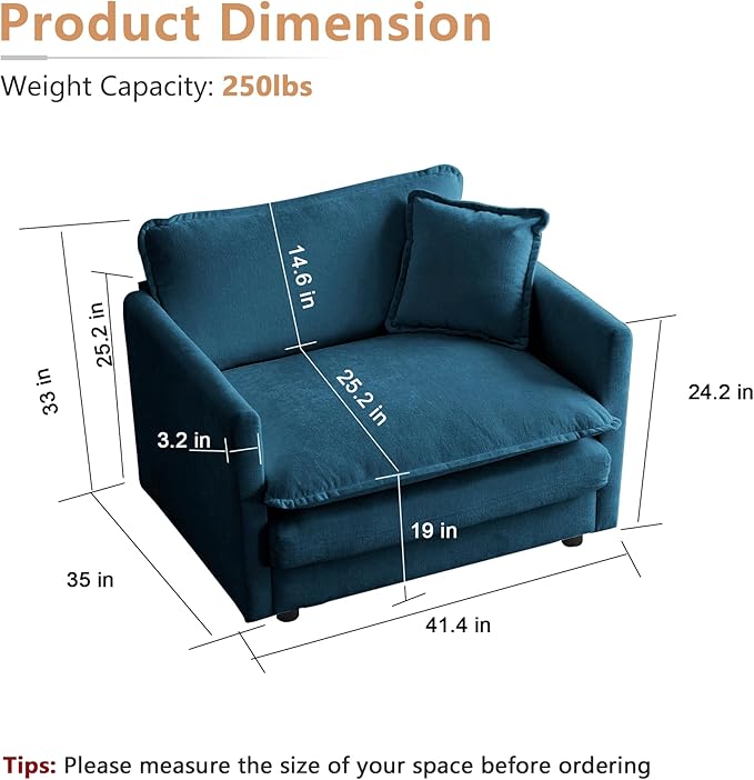mikibama 41.4 Inch Single Seat Sofa, Chenille Comfy Deep Upholstered Couch Armchair with Toss Pillow for Living Room Bedroom Office Apartment, Blue