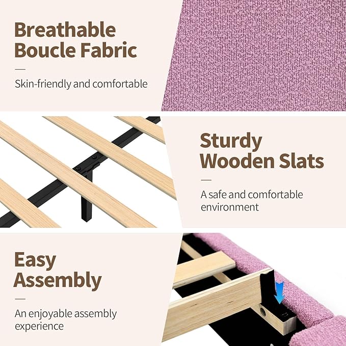 BarnFurin Queen Bed Frame with Headboard, Boucle Upholstered Platform Bed with Wood Slats, Soft Rounded Corners, No Box Spring Required, Easy Assembly, Rose Pink