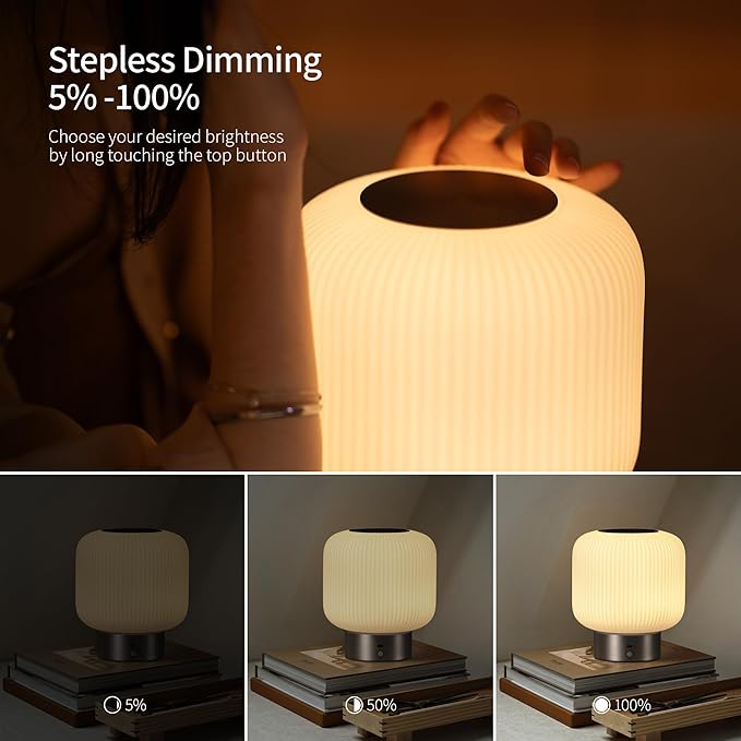 Aisilan Portable Opal Glass Lantern Table Lamp with Touch Control, 3W 3CCT Rechargeable Dimmable Motion Sensor Table Lamp for Headboard, Bookshelf, Corner