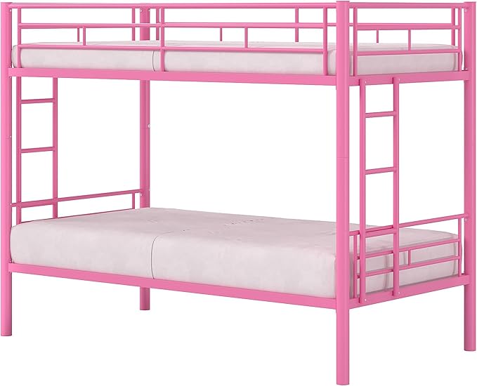 VECELO Bunk Bed Twin Over Twin, Metal Bunkbeds with Ladder and Full-Length Guardrail, No Box Spring Needed, Space Saving, Noise Free, Light Pink