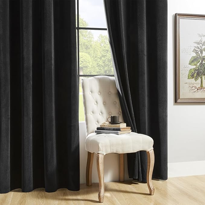 Joydeco Velvet Curtains 108 inches Long 2 Panels, Luxury Blackout Thermal Insulated Super Soft Rod Pocket Window Drapes for Bedroom Living Dining Room, Black, W52 x L108