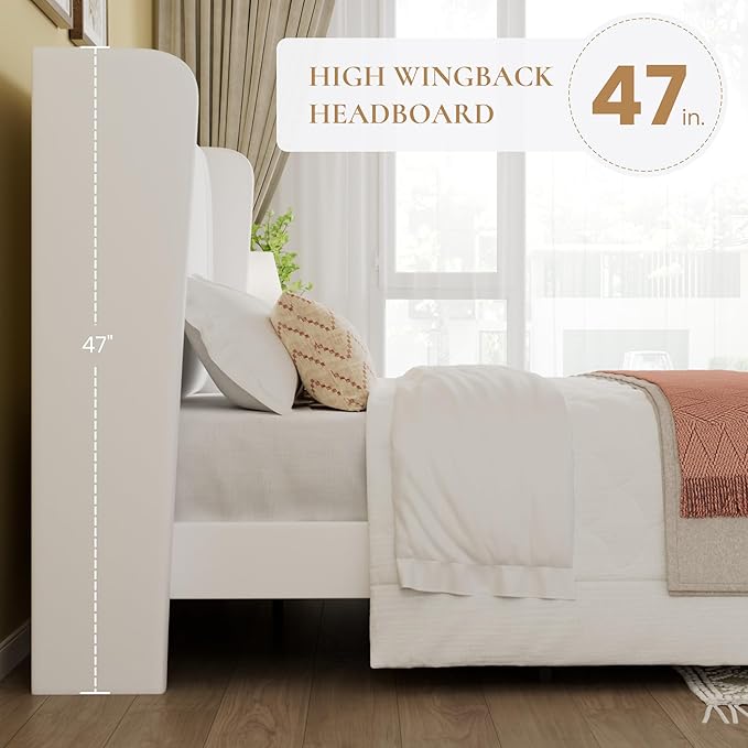 SHA CERLIN Queen Size Velvet Upholstered Platform Bed Frame with Vertical Channel Tufted Wingback Headboard, Wooden Slats Support, Easy Assembly, Under Bed Storage, No Box Spring Required, White