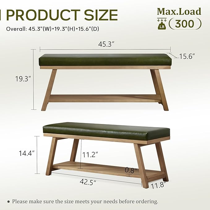 45" Entryway Bench Upholstered Storage Bench for Bedroom Shoe Rack Bench for Living Room, Hallway, Mudroom, Balcony, Sturdy Indoor Bench Seat Holds Up to 300 lbs (PU-Green)