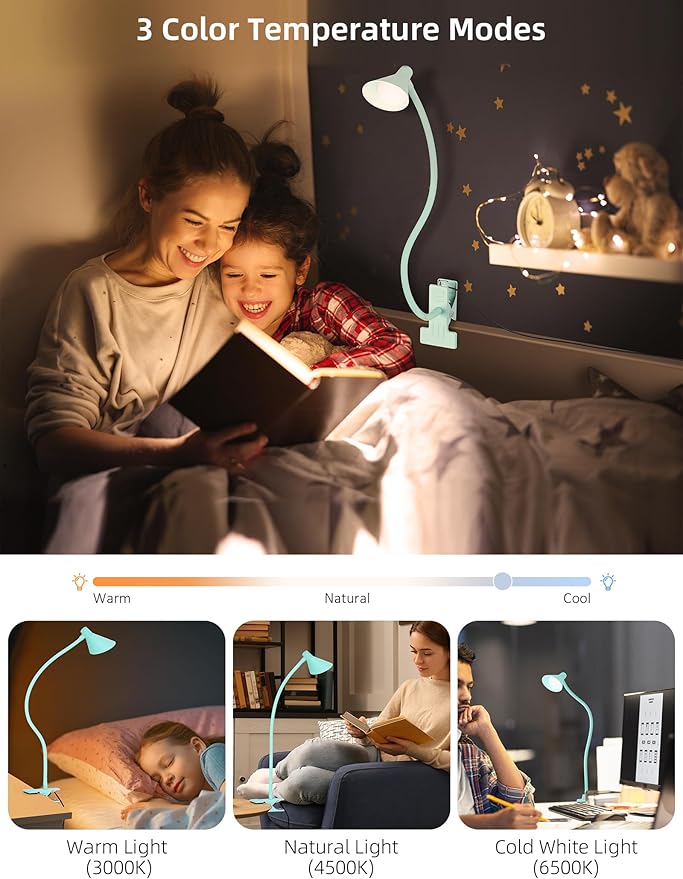 Clip on Light USB Reading Light, Eye Care Dimmable Reading Lamp Flexible Gooseneck Clip on Lamp for Bed Headboard Desk Bedside Dorm - Teal