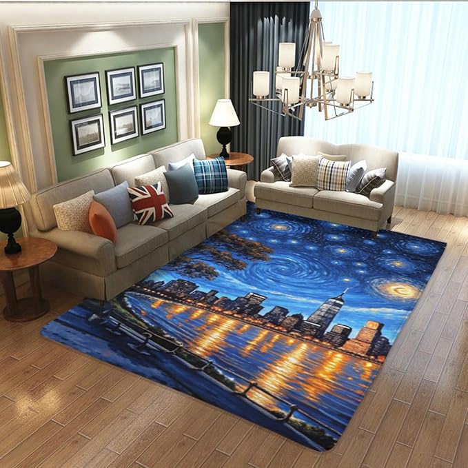 Machine Washable 2' x 3' Oil Painting-Style Area Rug, Bule Floor mat, Suitable for bedrooms, Girls' Room Bedside, Living Room, Dining Room, Office, Non-Slip Low-Pile Stars and Swirls Carpet