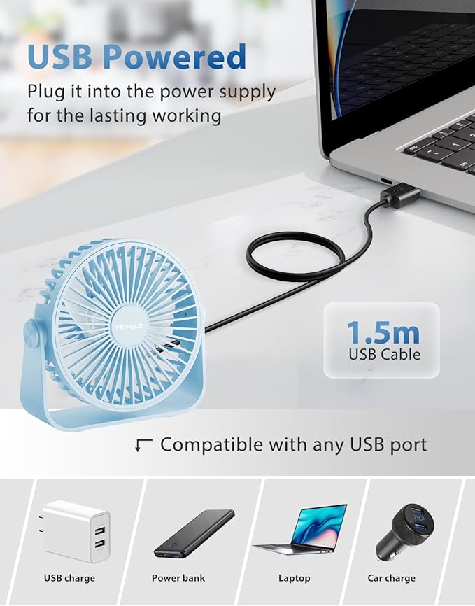 TriPole USB Desk Fan Portable Mini Fan Powerful 3 Speeds Wind Personal Desktop Fan with 360° Head Rotation for Home Office Car Indoor Outdoor Blue, No Battery, 4.5 Inches