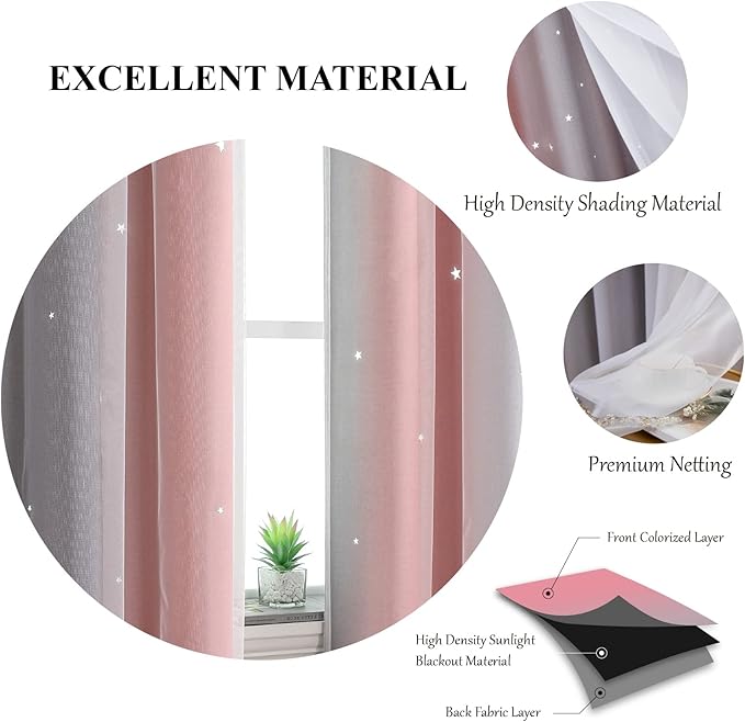 Star Blackout Curtains - Bedroom Cute Kids Rainbow, 63 Inch Long 2 Panels, Pink & Grey, 42 X 63 Inches