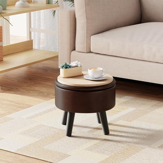 FIMIVIBI Small Foot Stool Ottoman with Storage, Faux Leather Ottoman Foot Rest for Couch, Round Footstool Ottomans for Living Room (Brown)