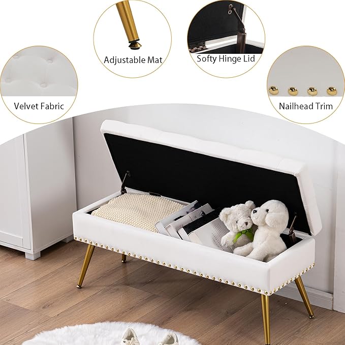 Velvet Storage Bench with Gold Legs& Nailhead Trim, 40" Wide Upholstered Modern Bedroom Bench for End of Bed, Tufted Ottoman for Entryway Living Room Dining Room (Ivory White, 40" W)