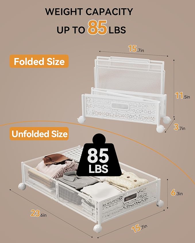 Under Bed Storage with Wheels, Foldable Pattern Carved Metal Under The Bed Storage, Tool-Free Assembly Under Bed Storage Containers, 60L Underbed Storage for Bedroom Clothes Blankets-2 Pack