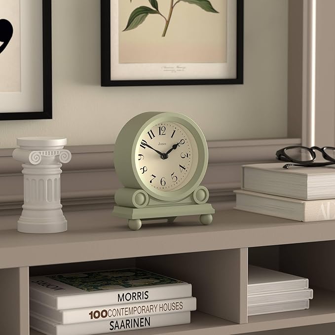 JONES CLOCKS® Maida Vale Mantel Clock | Small Traditional Desk Clock | Sage Green | Pretty & Charming Ideal for Mantelpiece, Bookshelf or Bedside