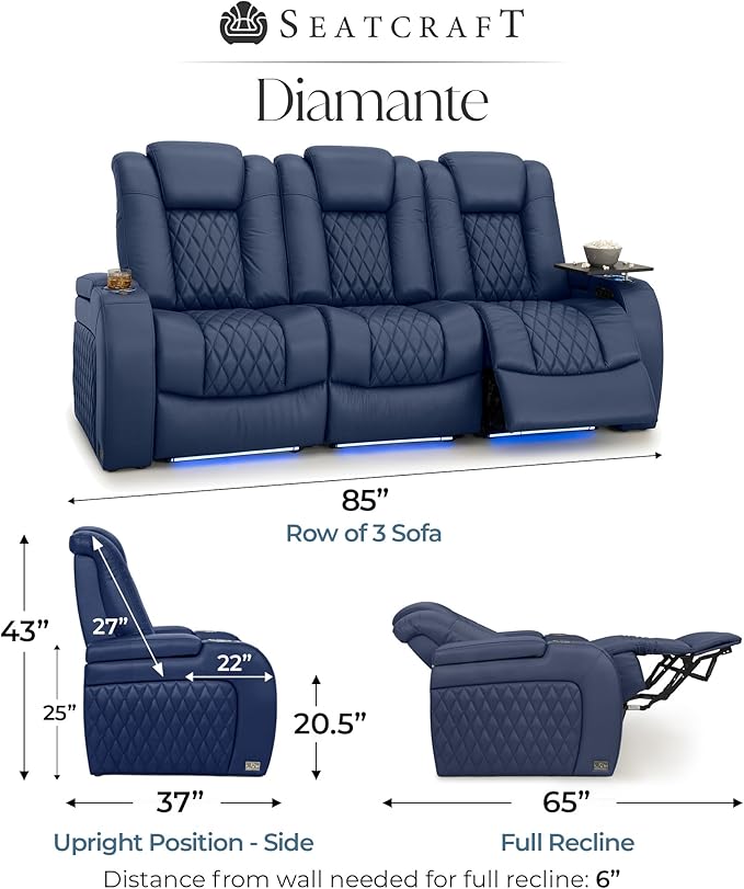 Seatcraft Diamante Zero-Gravity CoolZero Italian Leather Home Theater Seating, Power Headrest, Power Recline, Row of 3 Sofa, Navy Blue
