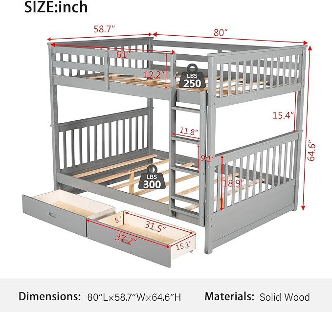 Merax Wood Bunk Bed with Drawers,Convertible Wood Bunk Bed with Ladders and Two Storage Drawers,Solid Wood Detachable Bed Frame with Ladders,Full Over Full,Grey