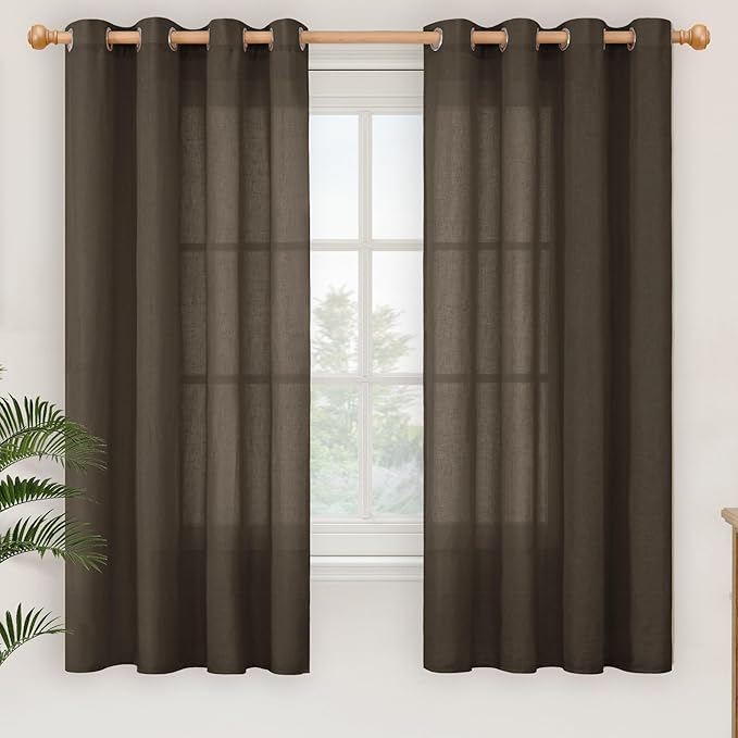 YoungsTex Brown Linen Curtains 63 Inches Long for Living Room Window, Light Filtering Drapes Semi Sheer with Grommet Privacy Decorative for Bedroom, 2 Panels, 52 X 63 Inch