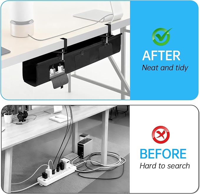 Under Desk Cable Management Tray, 36-inch No-Drill Standing Desk Cable Organizer, Fabric Tray for Power Strips, Adapters & Cables - Black