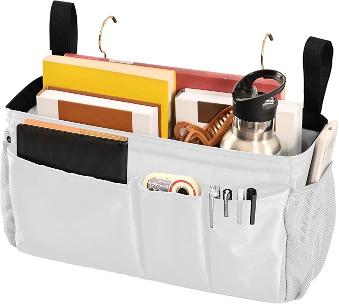 KOPIRIT White Bedside Caddy Storage Bag Bedside Organizer for Bunk Bed Headboards College Hanging Storage Organizer 6 Pockets with Hooks for Drinks Magazine Phone Holder