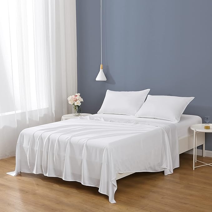 Linen World Cooling Bed Sheets Set Queen Size,100% Organically Grown Viscose Sheets,Deep Pocket Up to 16",4 Pieces Silky Soft,Breathable Bedding Sheets & Pillowcases(White,Queen)