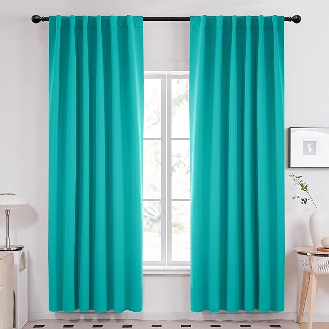 Deconovo Solid Back Tab and Rod Pocket Room Darkening Shades Insulated Thermal Window Coverings Blackout Curtains for Sliding Glass Door 52Wx95L Inch Turquoise Set of 2