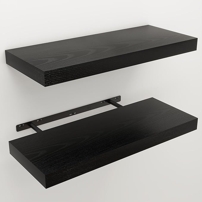 Floating Shelves for Wall, 9.3" Deep Wall Mounted Wood Shelves for Bathroom, Bedroom, Living Room, Kitchen, Hanging Shelf for Books/Storage/Room Decor (Black, 24")