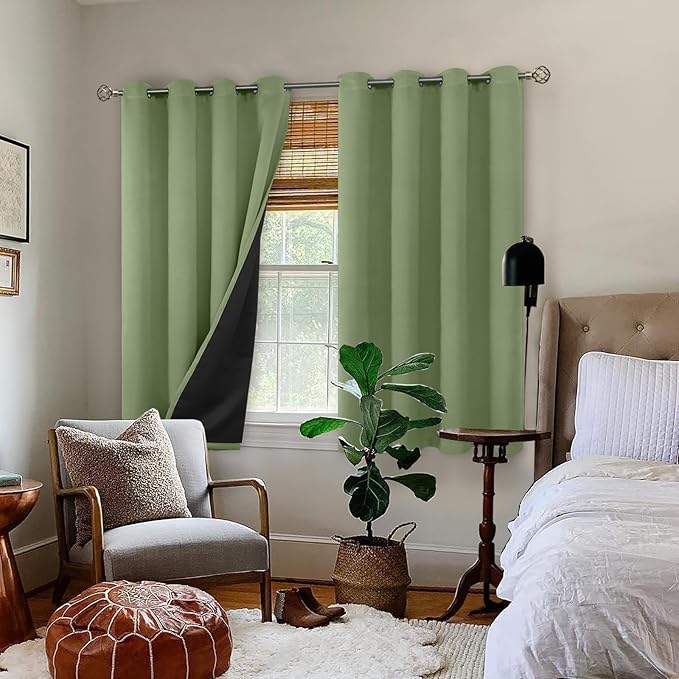BGment Short 100% Blackout Curtains for Bedroom, Thermal Insulated Energy Efficiency Noise Reducing Grommet Curtains 45 Inch Length with Liner for Small Window 2 Panels Each 52 Inch Wide, Grass Green
