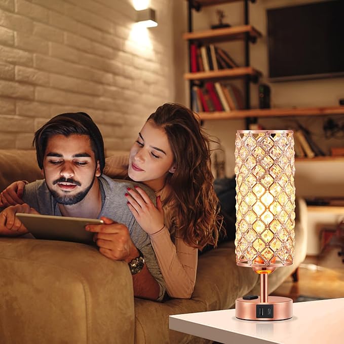 Hong-in Rose Gold Lamp Set of 2, 3-Way Crystal Table Lamp Touch Control with USB-C+A & AC Ports, Dimmable Nightstand Desk Light, Pink Bedside Table Lamp for Bedroom(Bulb Included & Set of 2)