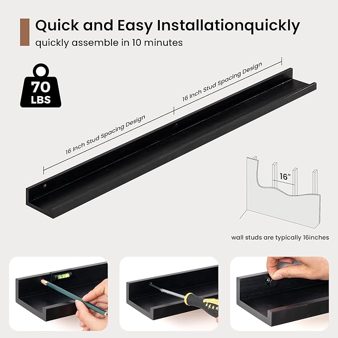 Picture Ledge Shelf, Floating Shelves Set of 2, 36 Inches Solid Wood Nursery Book Shelves for Toys Storage, Kids Bookshelf Wall Mounted for Living Room Bedroom Decor Books Photo Frames, Black
