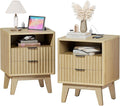 Nightstand Set of 2 with Charging Station, Modern Fluted 2 Drawer End Tables with Storage Shelf, Natural Oak Bedside Tables for Bedroom & Office