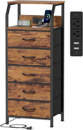 Furnulem 5 Drawers Dresser with Charging Station, Tall Night Stand with Storage Shelf, Fabric Chest of Drawers, Bedside Table for Closet, Entryway, Bedroom Furniture, 3 Ways to Use, Rustic Brown