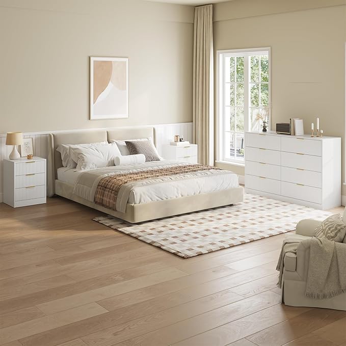 8 Drawer Dresser & Nightstand Set 3-Piece, 55” Wide Tall Fluted Dresser and Night Stand Set of 2 with Metal Handle, Modern Wood Chest of Drawers Storage Dressers Set for Bedroom, White