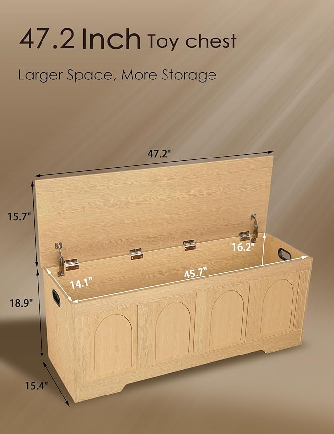 DINZI LVJ Storage Chest, 47.2" Rattan-Like Toy Box with 2 Safety Hinges, Wooden Entryway Storage Bench with Flip-Top, Large Trunk for Living Room, Bedroom, Easy Assembly, Natural